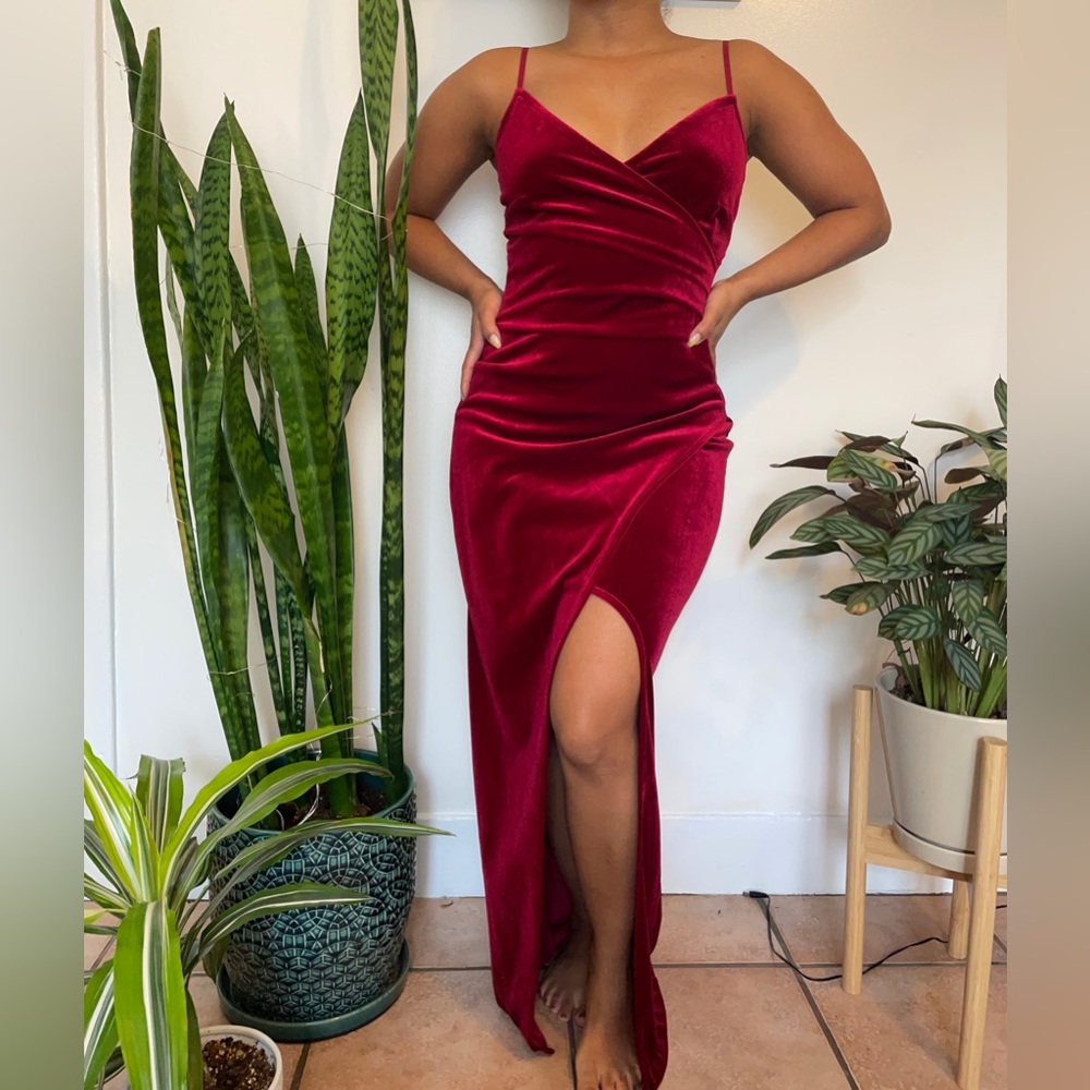 Red Velvet Long High Split Dress